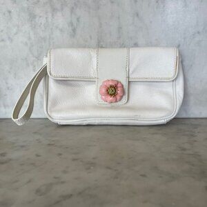 LILLY PULITZER  Enamel Pink Flower White Leather Convertible Wristlet Clutch